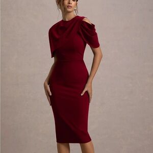 DOROTHEA Berry Draped Midi Dress With Cape